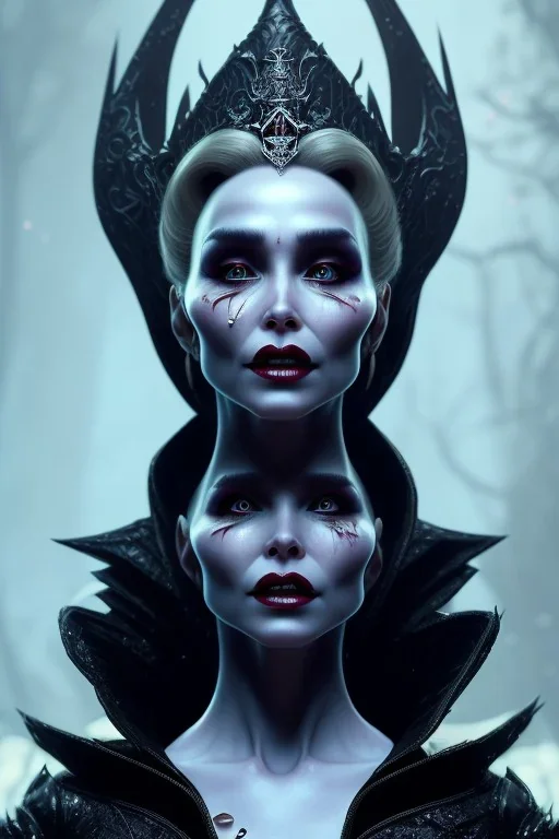 Constance Langdon as evil queen in black leather, leather, busty, cleavage, angry, stern look. character design by cory loftis, fenghua zhong, ryohei hase, ismail inceoglu and ruan jia. unreal engine 5, artistic lighting, highly detailed, photorealistic, fantasy