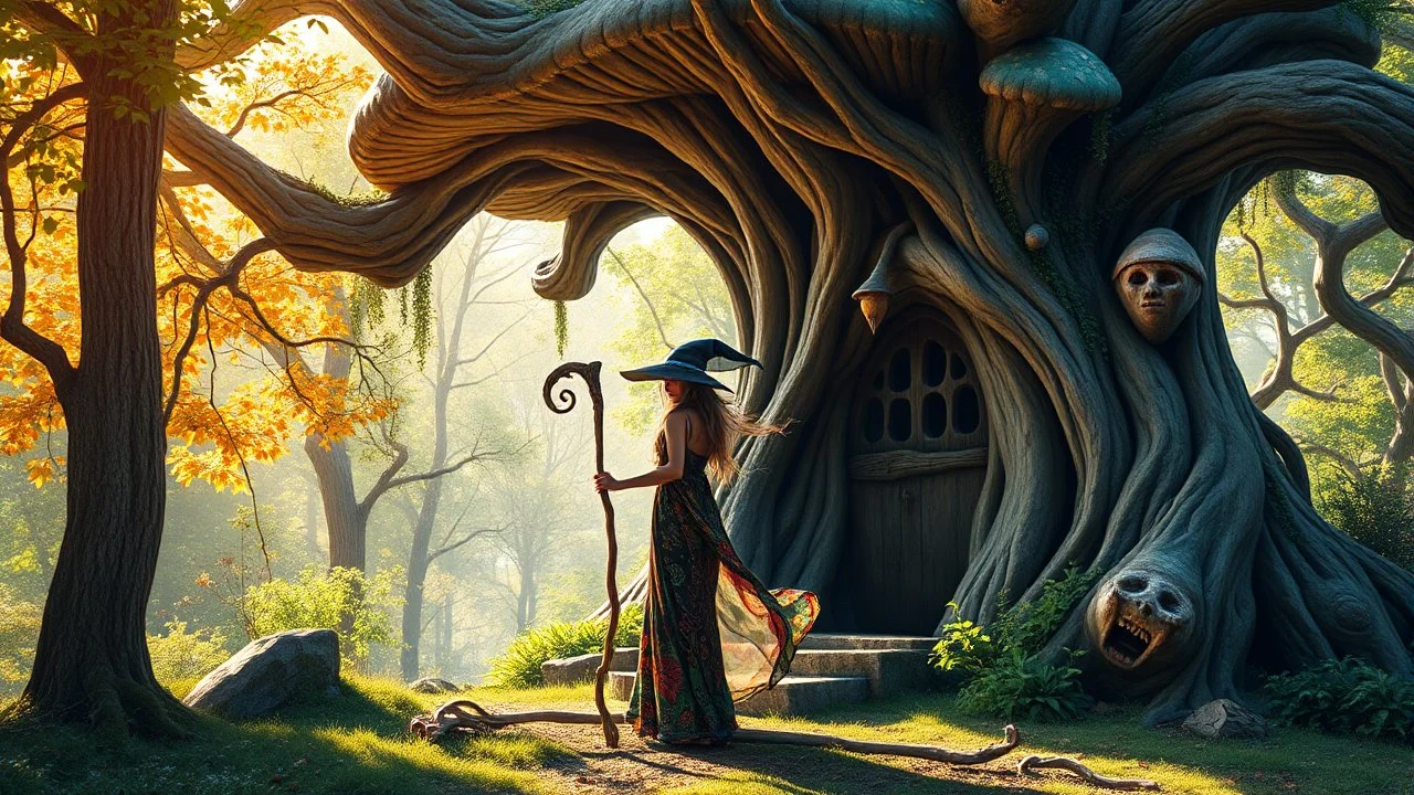 A slender, witchy woman in a flowing, colourful dress, holding a long, twisted staff, standing outside a gnarly, ancient, large mushroom house built into a tree, surrounded by lush, vibrant, Pandora-like woodland, on a bright, sunny day, with warm, golden light.