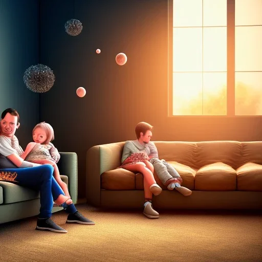 Two tired parents, cuddling on a couch, surrounded by kids and dogs, hugging, HDR, 8k, highly detailed, dynamic lighting