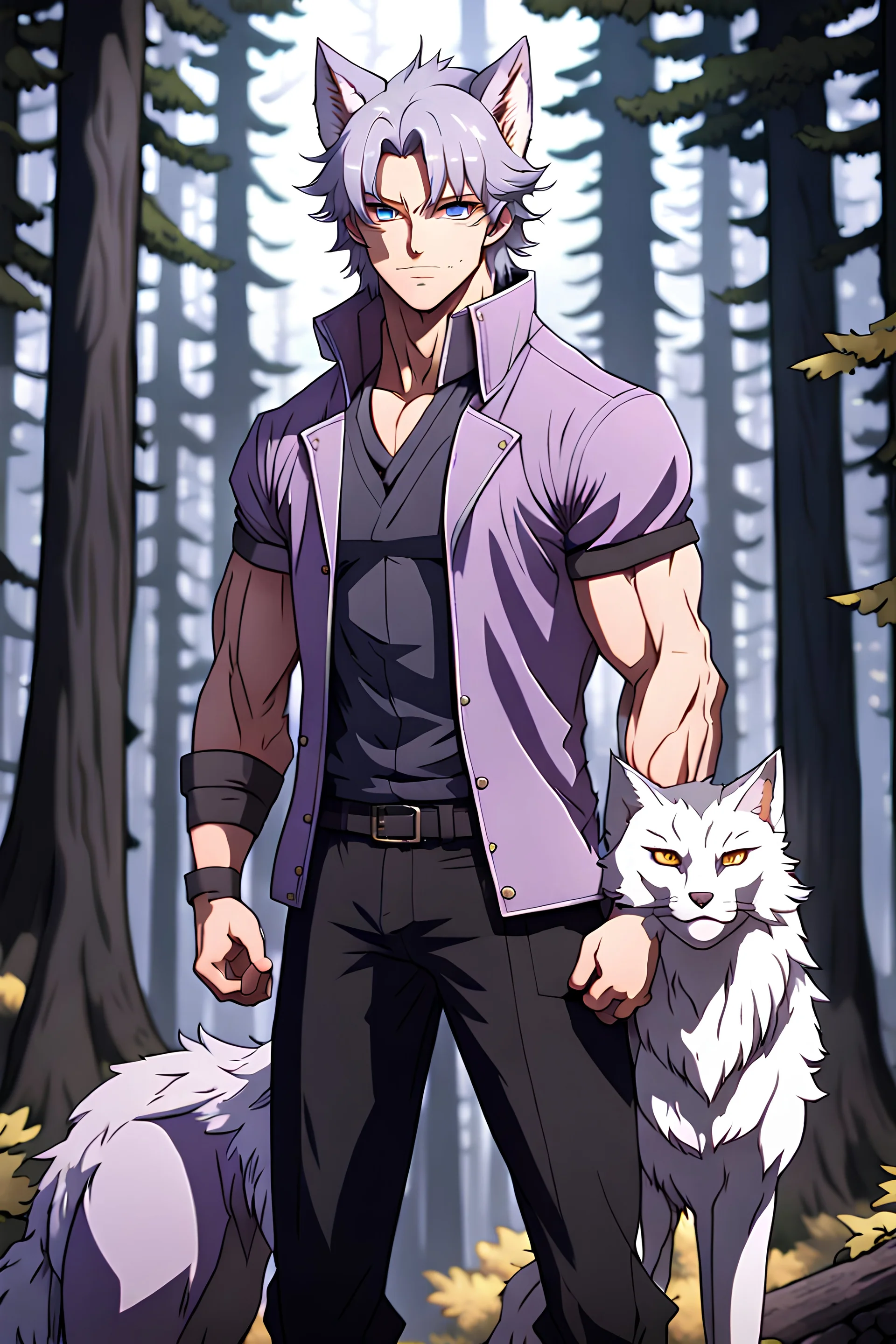 The handsome and perfect full body is on the spruce land, anime, a casual, muscular gray-haired and lilac-eyed male character with wolf ears and a feline tail in the forest, 8K resolution, high quality, ultra graphics, and detailed with lines.