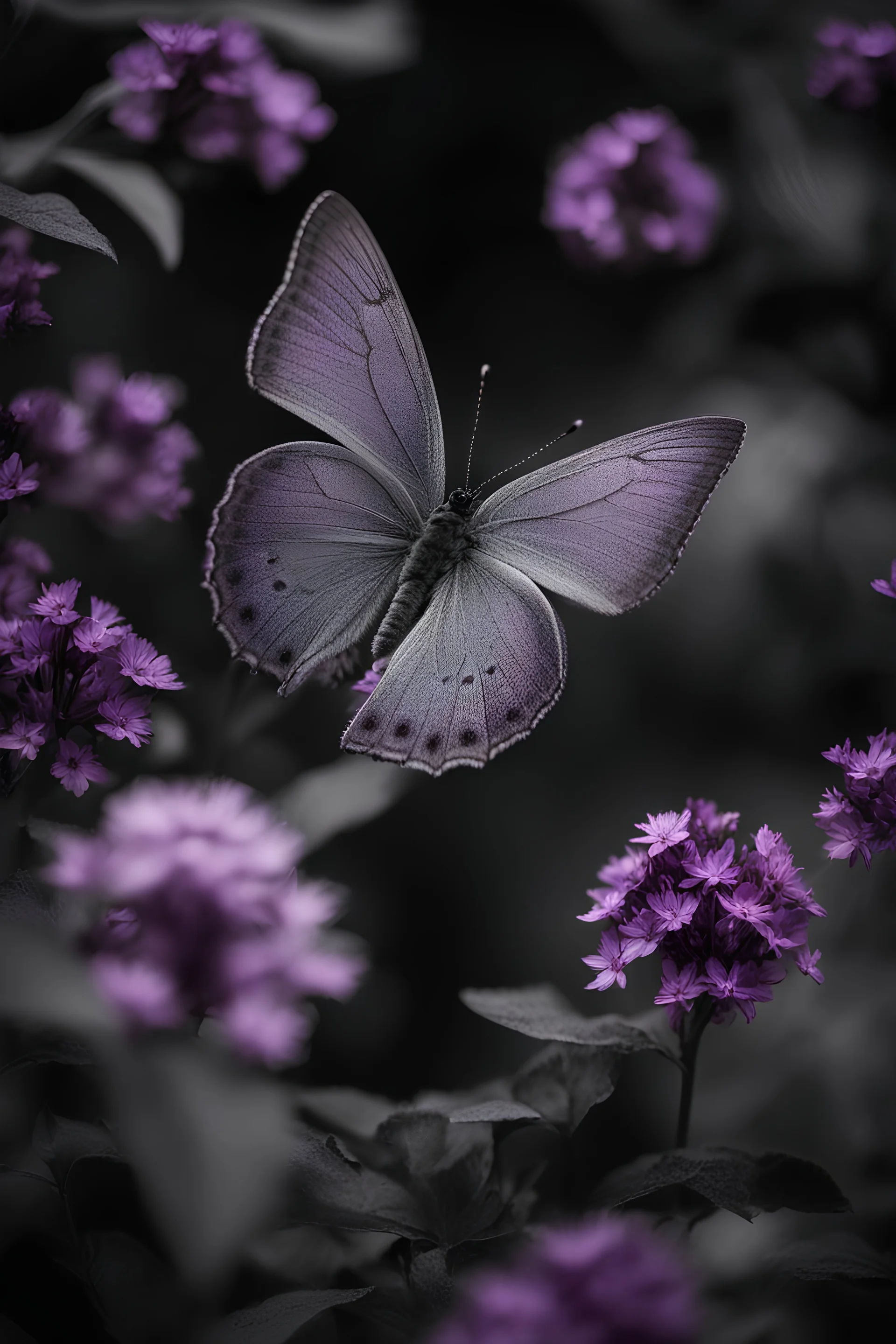 A breathtaking monochrome photograph with pops of vibrant purples, capturing a graceful grey butterfly with shimmering purple-tipped wings fluttering through a moonlit garden. As the butterfly lands on various plants, the grey flowers bloom into radiant purple blossoms, creating a stunning visual contrast. The composition masterfully interweaves the serene greys with bursts of purple, evoking a sense of nocturnal magic and delicate beauty in this enchanting, dreamlike scene.