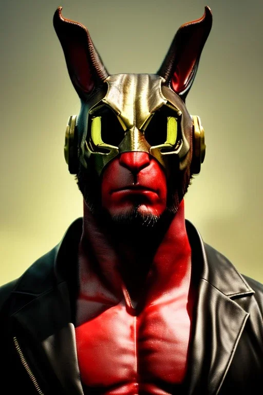 Medium Close Up Portrait, Front image. cyberpunk, rabbit mask helmet, strong man, gold hair. latex suit. Black, red, color. Hellboy style. Color background, photo studio. Avatar image, highly detailed, concept art, smooth, unreal engine 5, ray tracing, RTX, lumen lighting, ultra detail, volumetric lighting, 3d, finely drawn, high definition, high resolution.