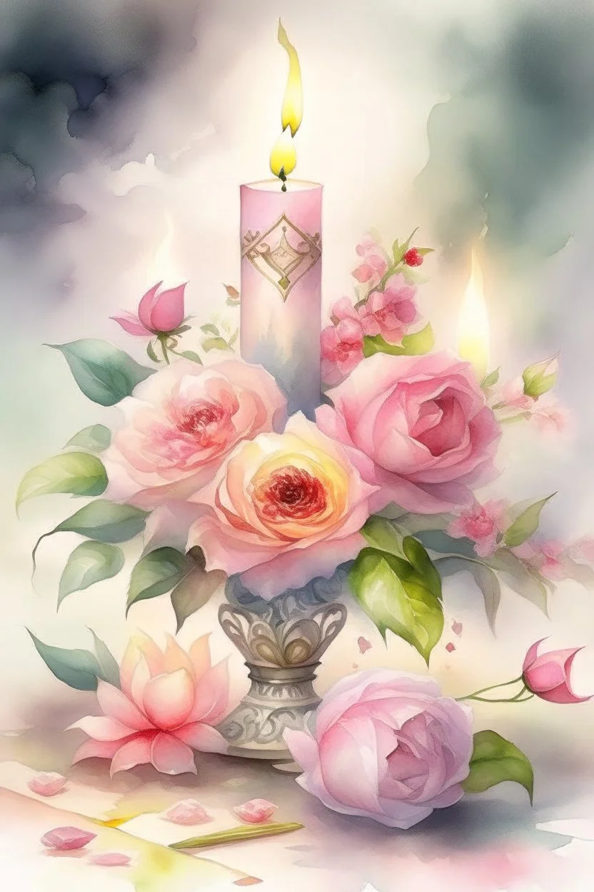 MAGIC A PYRAMID CANDLE IS BURNING AROUND WONDERFUL FLOWERS English watercolor, Smoky cream, pale gray, pale pink, pink background. bright light, a bouquet of roses on the table are pale pink, pale bordeaux, white, ochre. green stems, the light is translucent. Watercolor, fine ink drawing, peonies in an hourglass, elegant gold inlay, rich interior rose of the valley, leaves, nature, beautiful raindrops, beautiful fog, over a beautiful rainbow, fantasy, romantic dreamy mood, special attractions