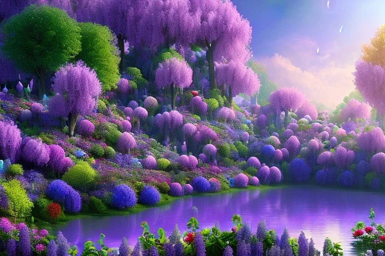 monde en fleurs, blue lake, flower tree-houses, concept art, crépuscule , fuksia bleu oranger, vibrant Color, réaliste, riviere bleu, tree-house wisteria, roses