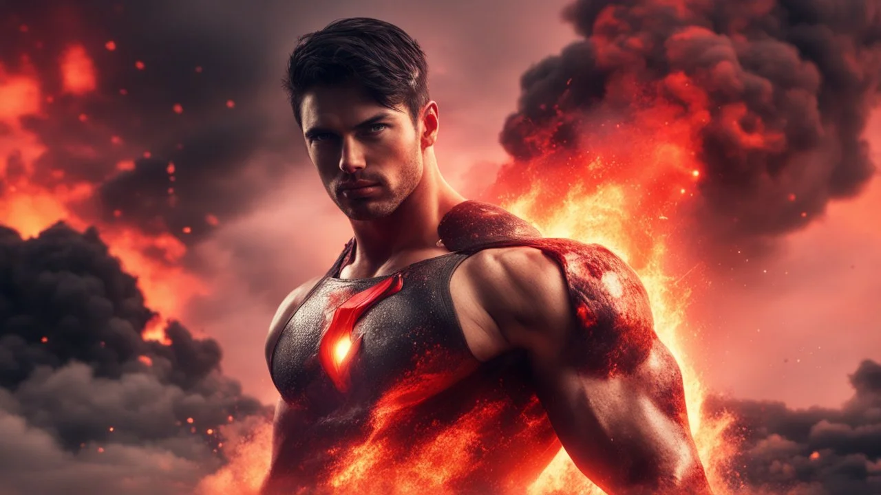 Hyper Realistic Extremely Handsome Young Muscular Fire-Super-Hero with short-black-hair standing with Lava-splashes meteors with red cloudy sky & smoke around, dramatic & cinematic ambiance