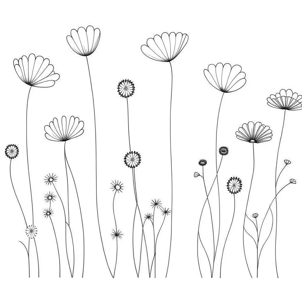 set of grow wind flowers on the grace, SIMPLE ONE lineS art, white background, minimalis, different view, only white bakcground solid.