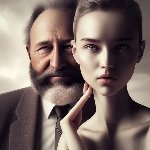 a young woman sitting next to a 50-year-old man with a beard and short hair, portrait, 8K, close-up face, anatomically perfect face, Highly detailed stunning full frame portrait, misty and cloudy atmosphere