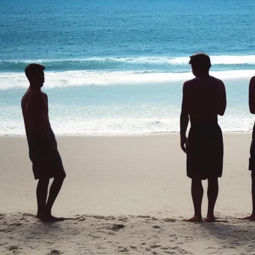 three men waiting for their friend to come back to join them on the beach