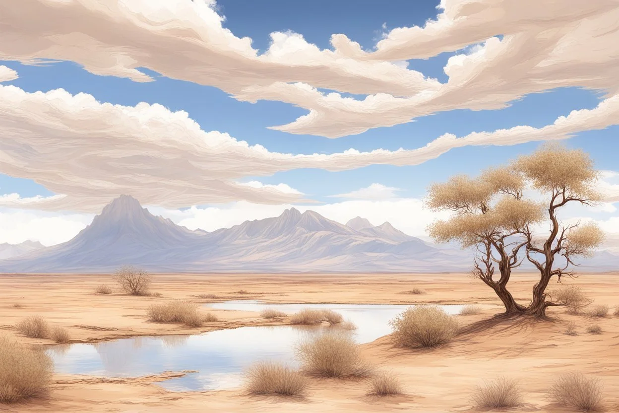 clouds, arid land, distant mountains, dry trees, pond