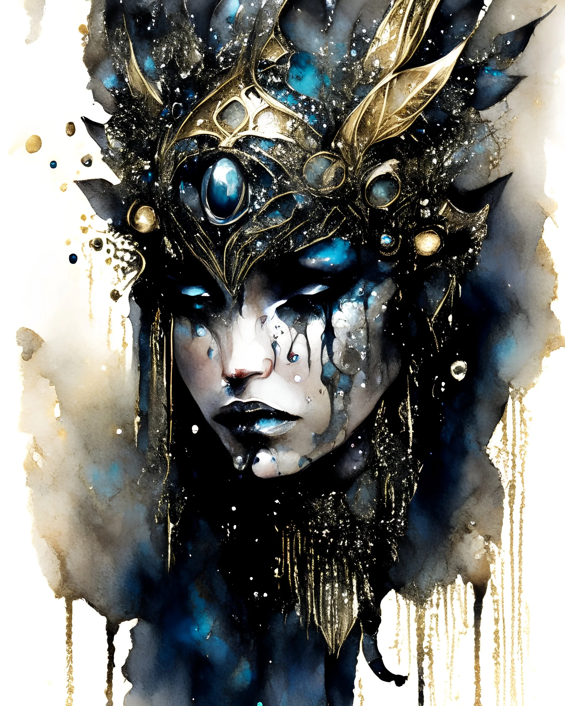 Aquarelle vantblack pouring Acrylic A beautiful voidcore shamanism biomechanical watercolour woman angelic Beauty extremely textured botanical faced portrait with a voidcore fil gothica headdress with metallic filigree gothica ornaments around ribbed with agate stones half face mand azurit mineral stone metallic watercolour palimpsest steampunk filigree Golden voidcore shamanism foral pansy margaréta daisy black ink on half face masque gothica filigree voidcore athmospheric organic bio spinal