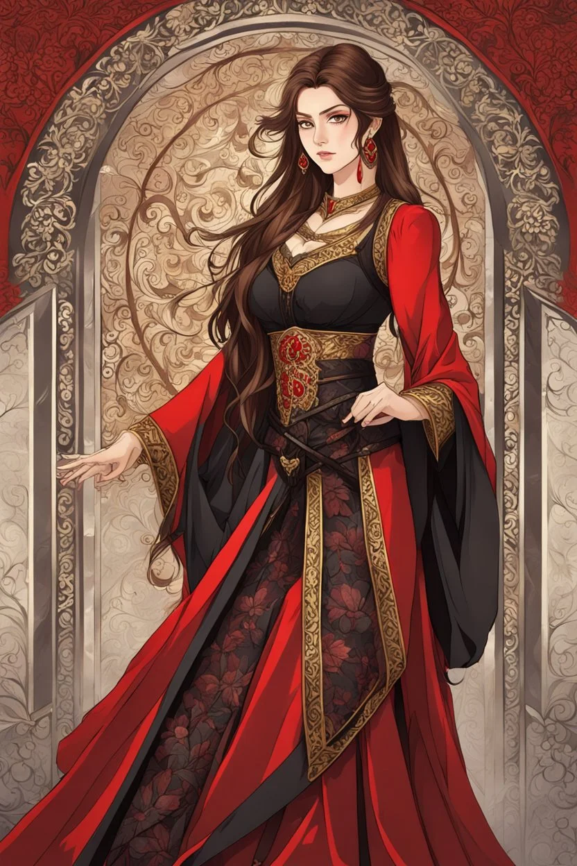 woman with long brown hair and red eyes, medieval concubine, anime style, highly detailed, intricate background, red and black clothes, confident, arrogant