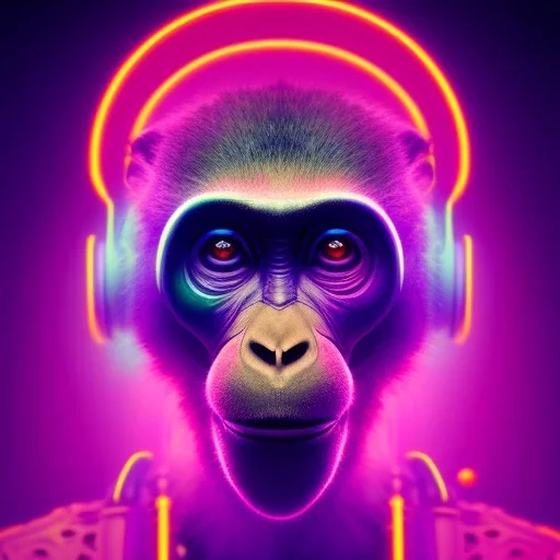 A beautiful portrait of a cyborg monkey purple neon color scheme, high key lighting, volumetric light high details psychedelic background