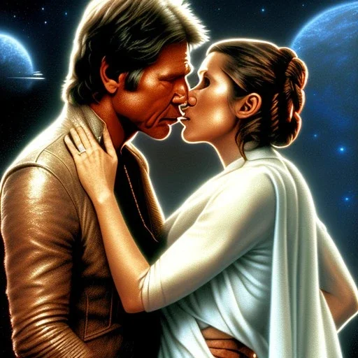 carrie fisher kissing harrison ford, waist up portrait, intricate, oil on canvas, masterpiece, expert, insanely detailed, 4k resolution, cinematic smooth, intricate detail , soft smooth lighting, soft pastel colors,