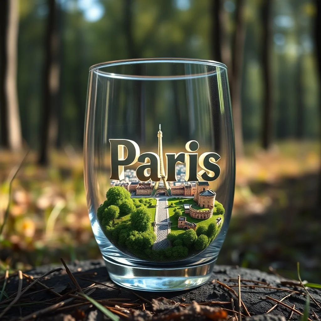 Create hyper-realistic photo of a glass tumbler in a wild forest. Inside, a miniature [Paris] with landmarks. A trasparrent 3D text of [Paris] blends naturally into the landscape . Soft bright daylight, reflections, and subtle imperfections like fingerprints. DSLR quality, sharp focus.