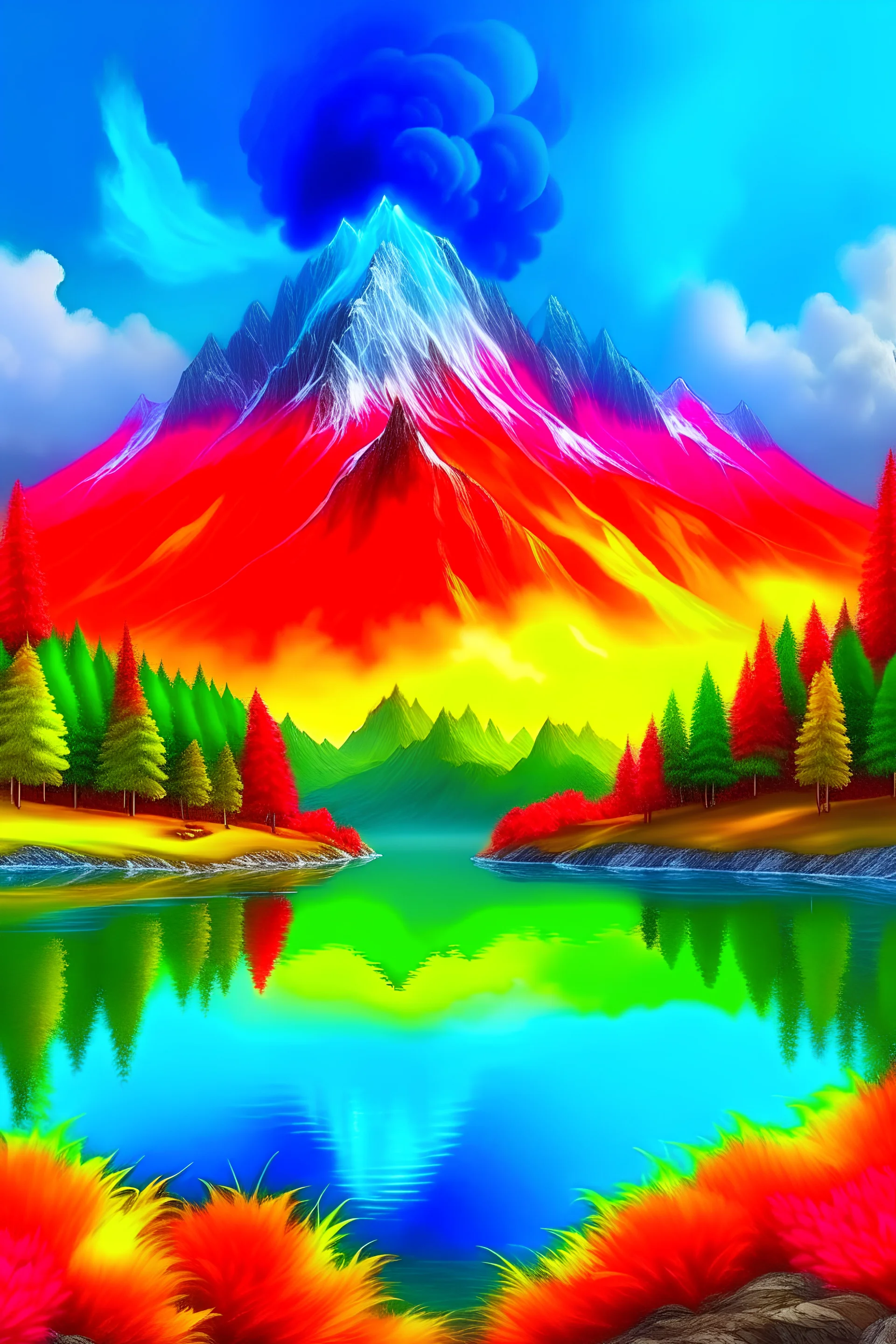 Water, air, fire, earth, Real swiss mountain landscape, Joy happiness colorfull, hyper real,