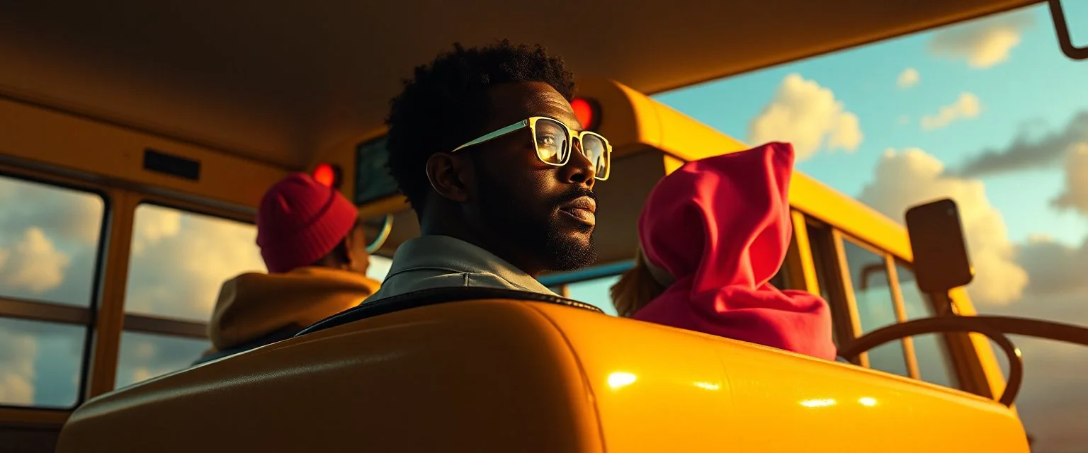 Mr. Jenkins drives a bus of gold, Through cotton-candy clouds and stories untold. Kids in the back, wearing hats of neon light'