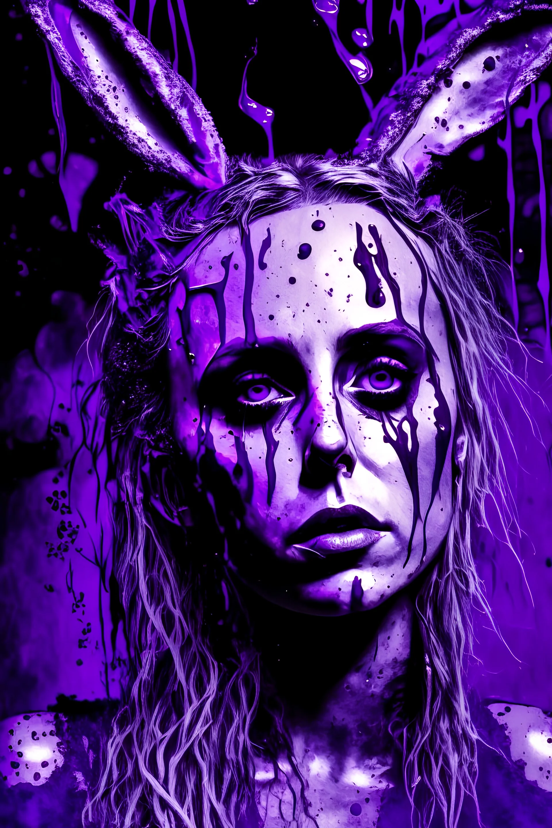 portrait a Singer Danish MØ face, slime, hair, bunny, mask, out her mind, purple tones, in the style of arthur rackham,