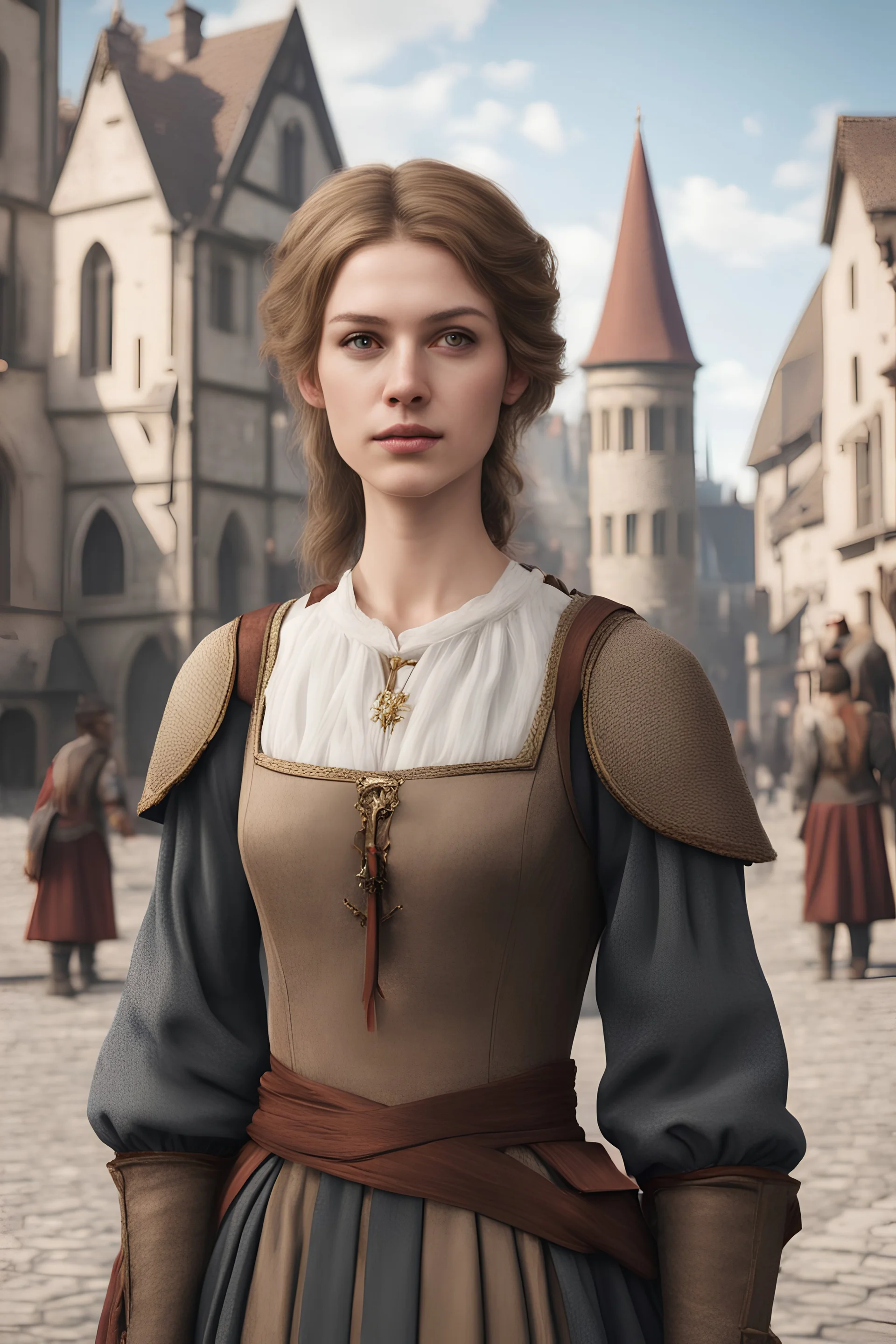 female citizen, 25 years old, medieval style clothing, realistic, city square background
