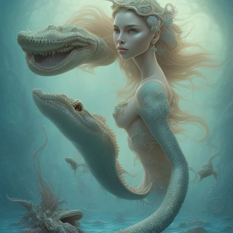 sango fantasy, fantasy magic, intricate, sharp focus, illustration, highly detailed, digital painting, concept art, matte, artgerm and paul lewin and kehinde wiley, masterpiece sexy lips African lady body mermaid alligator head turquoise space lady beach sea under water mermaid seaweed