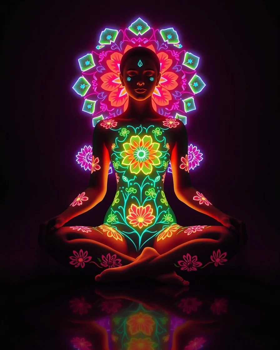 Woman sit down meditation pose full body all to the feet woman body painting flowers pattern painting art glowing in the dark vibrant fluorescent neon bright light colors,black room background