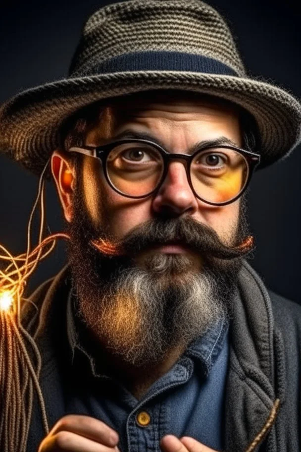 Man with a wire in his hand, hardrocker, glasses, hat, little beard, firestarter