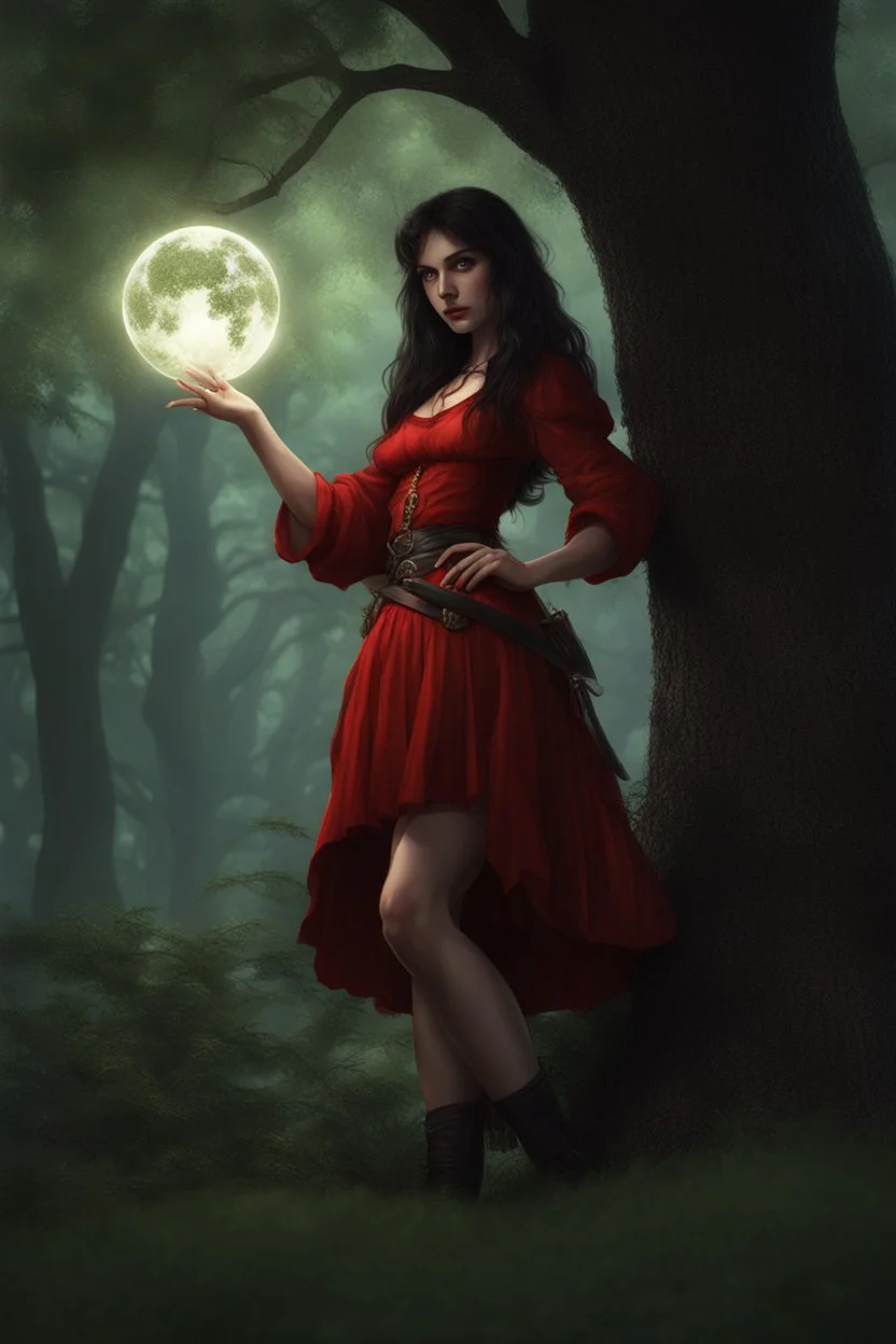 A young dark-haired witch in a red low-cut short skirt, standing under a tree, with a sword on her hip, glowing ball in her hand, photorealistic, delicate detail.