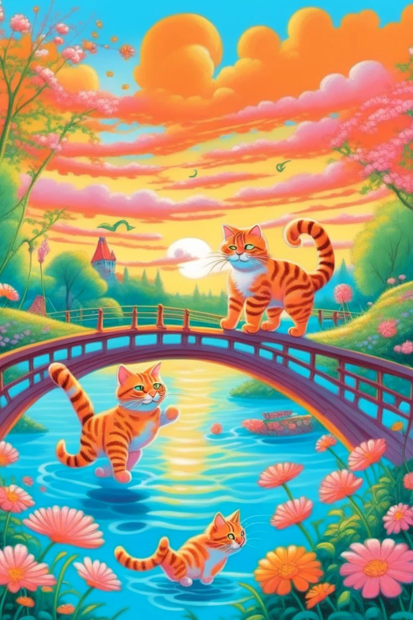 in the center: beautiful chunky cats dancing on a bridge , background: landscape, first plan: pink flowers and a small river with blue water, sky: orange clouds