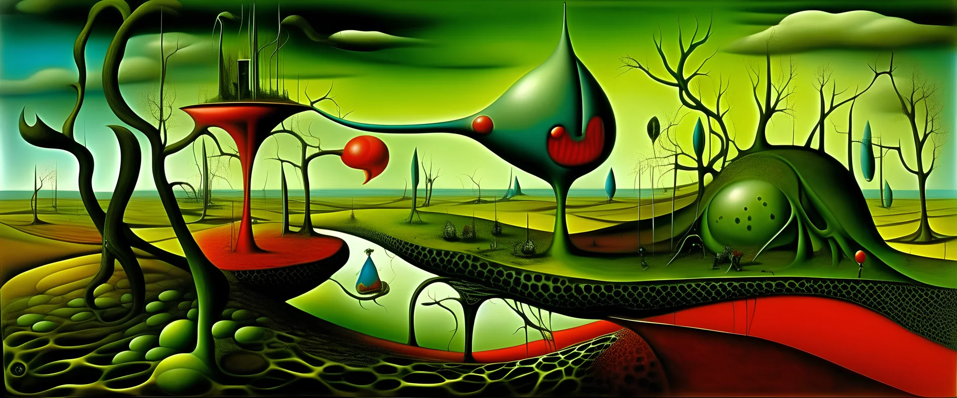 enhanced surrealism, malignantly useless strange times in need, bio-contrivances, absurd, by Otto Rapp and Desmond Morris and Joan Miro, mind-bending abstract surreal image, weirdling surrealist structures, too many legs, too many eyes, transparent glass torso, impossible anatomy, shifting landscape