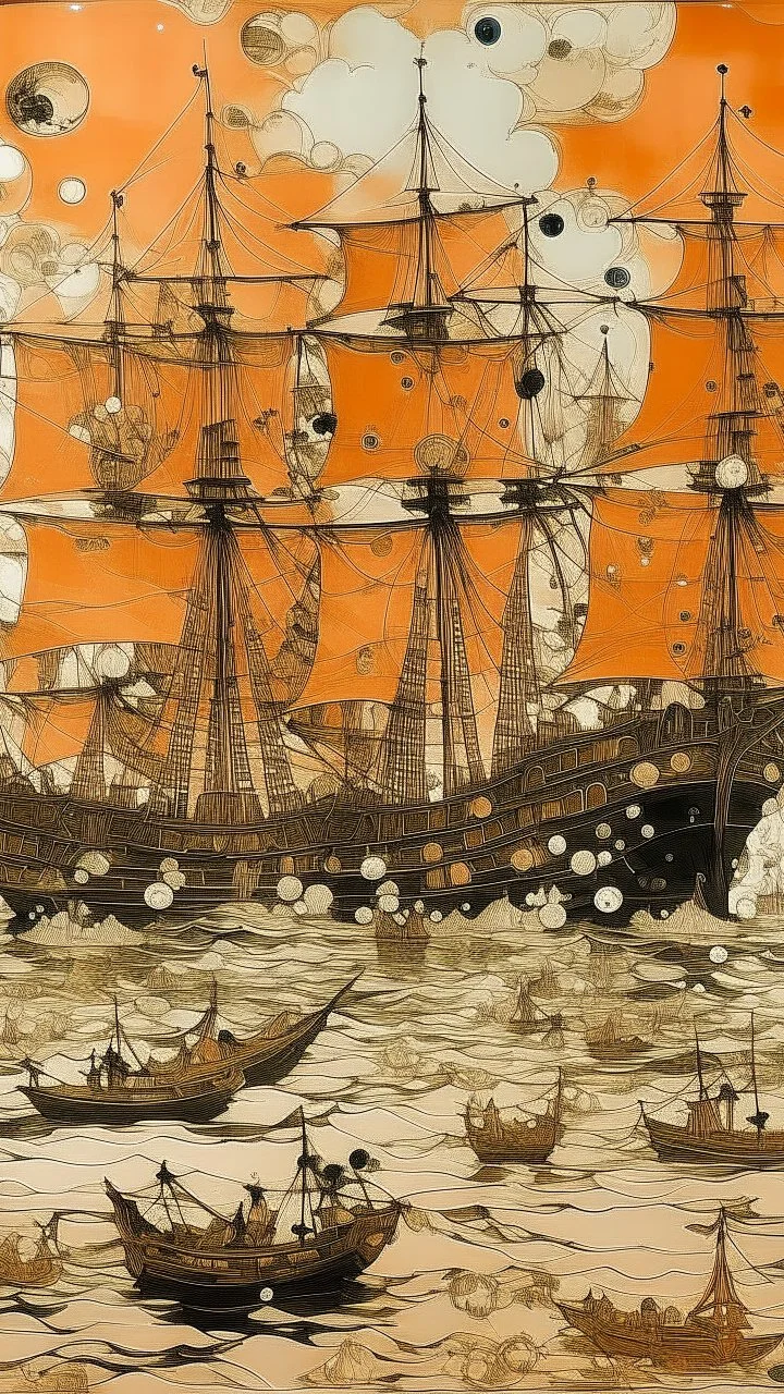 A light rosy orange colored bay with pirate ships and crystals painted by Jackson Pollock