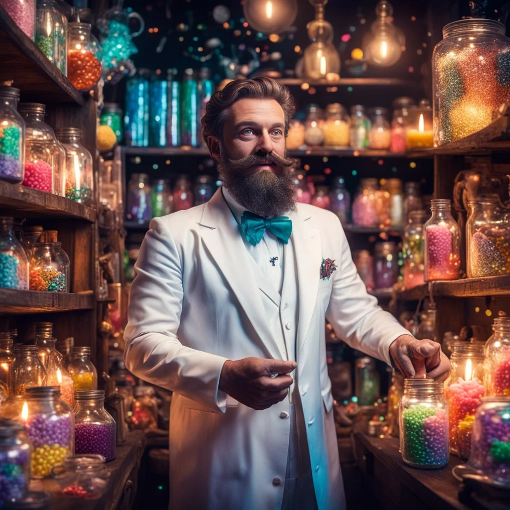 friendly shopkeeper with beard and mustache in white elegant suit, magic shop, magical treats and candy in jars, magical books and wands everywhere very dark room, candle light, bright vibrant colors, glowing sparkle particles, dark tone, sharp focus, high contrast, 8k resolution, incredible depth, shallow depth of field, dramatic lighting, beautifully intricate details, clean environment, epic dynamic scene