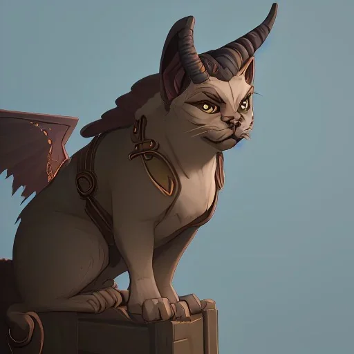 cat gargoyle with goat horns and wings on its back Nick Harris style