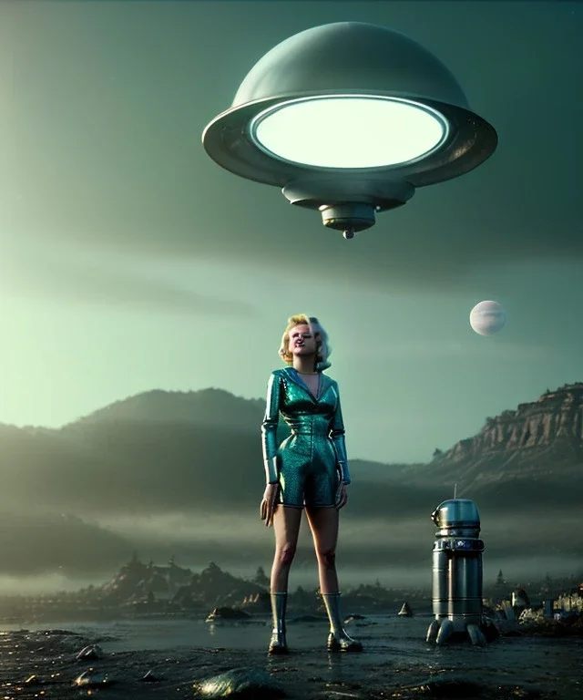 Ultra Realistic retro sci-fi 1960 scene, waist up view portrait, blonde woman, sweet young Marilyn Monroe face, perfect iris, tight latex coat, alien planet background, tight style, steel sphere dron levitating, fog, rain, soft color, highly detailed, unreal engine 5, ray tracing, RTX, lumen lighting, ultra detail, volumetric lighting, 3d, finely drawn, high definition, high resolution.