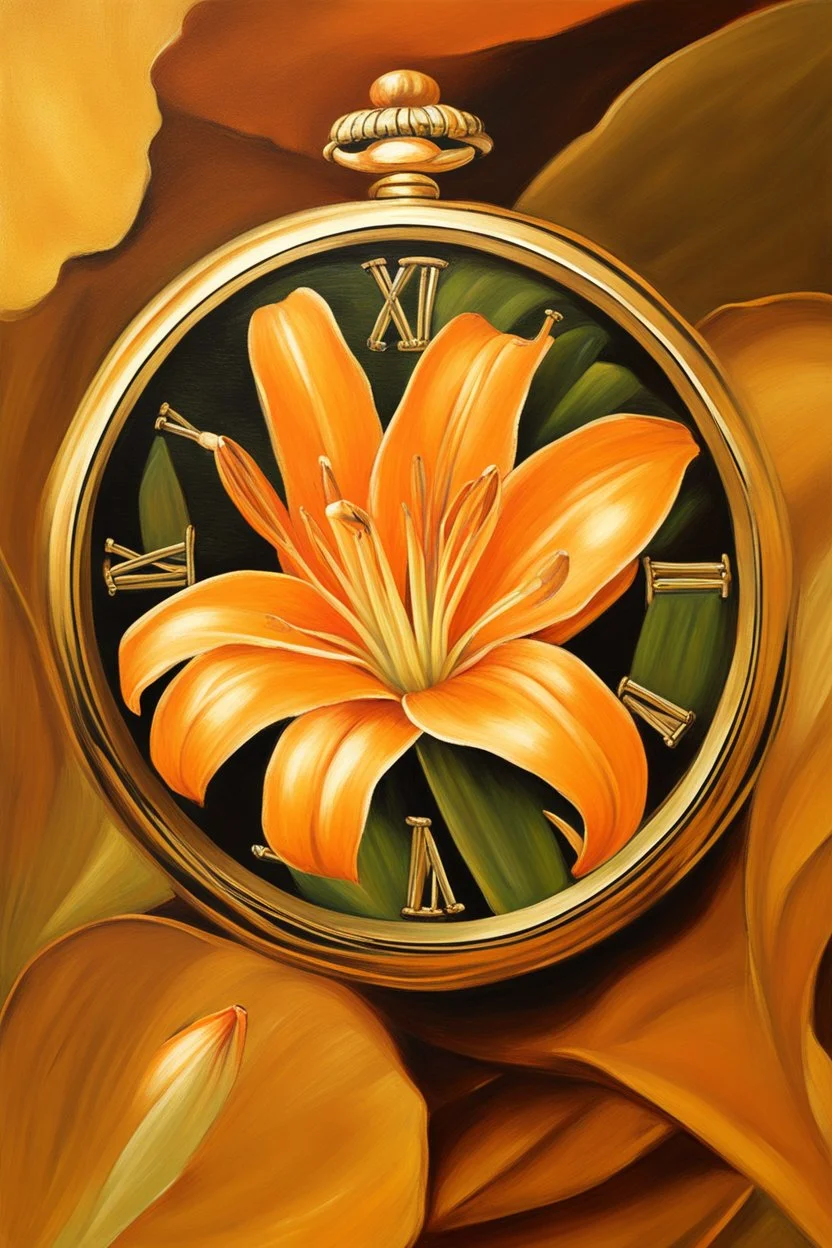 Orange spear lily oil painting in a golden watch