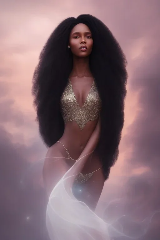 A portrait of a beautiful curvaceous black woman with long black hair, wearing a black dress with a deep v neck, wizard, magical, ethereal, intricate, sharp realistic lighting. Concept art by wlop. Ultra quality 8k.