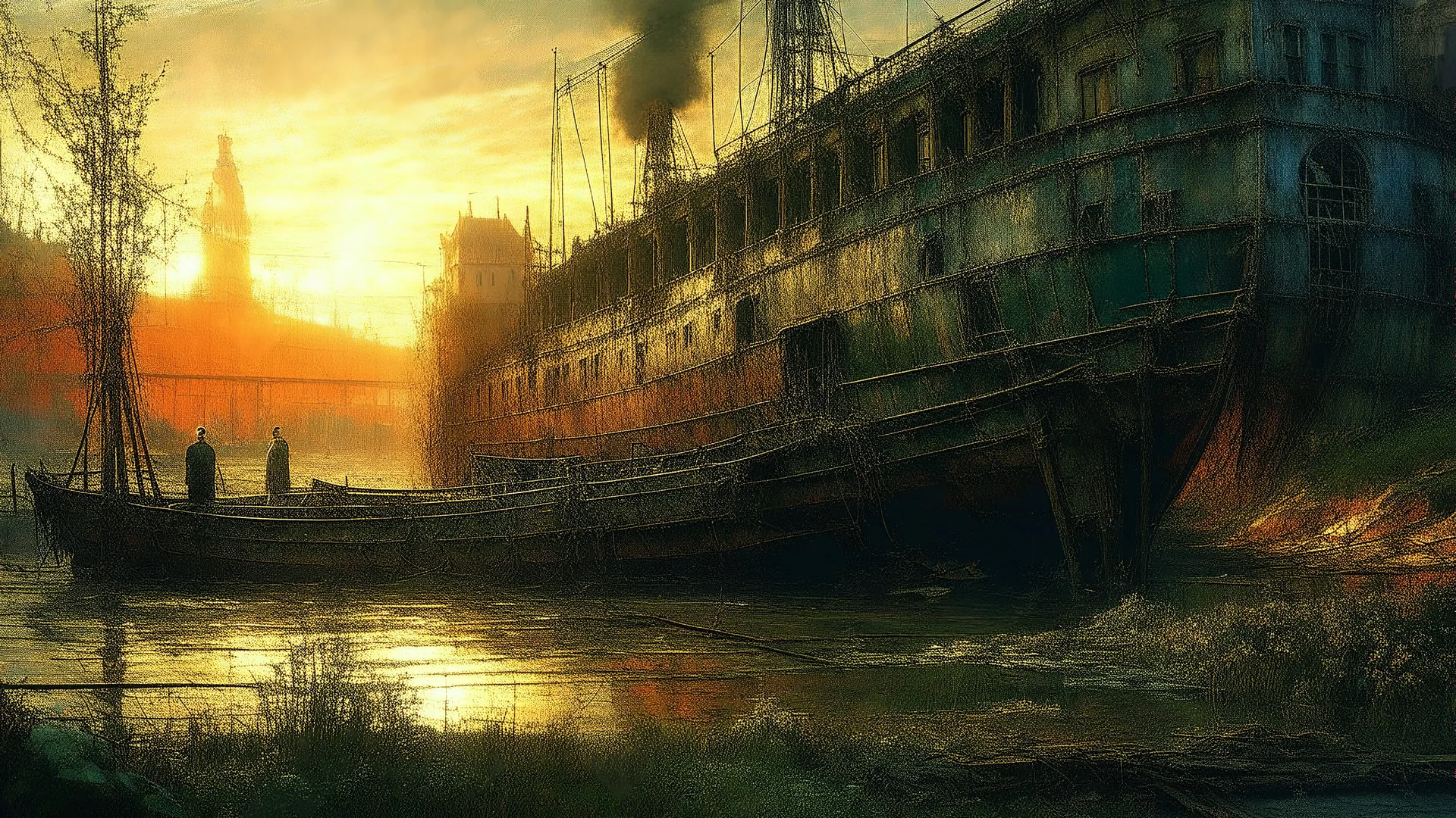 surreal and dreamlike, A close-up of a derelict ship rusting in a deserted harbor at sunset, with the sun casting a warm orange glow on the weathered hull and broken masts, surrounded by debris and overgrown weeds., saturated, pastel, dreamy atmosphere, liquid psychedelic