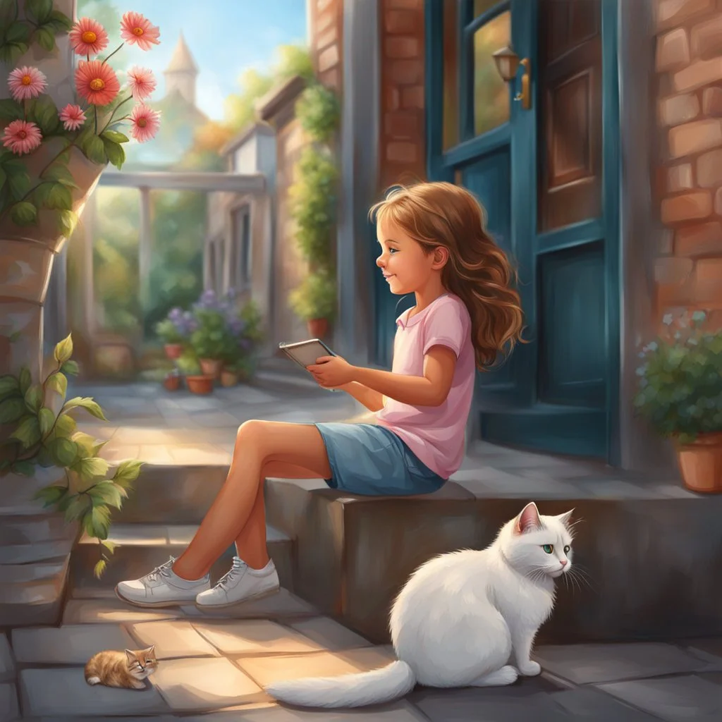 very beautiful realistic cartoon 10 years old girl playing with a cat