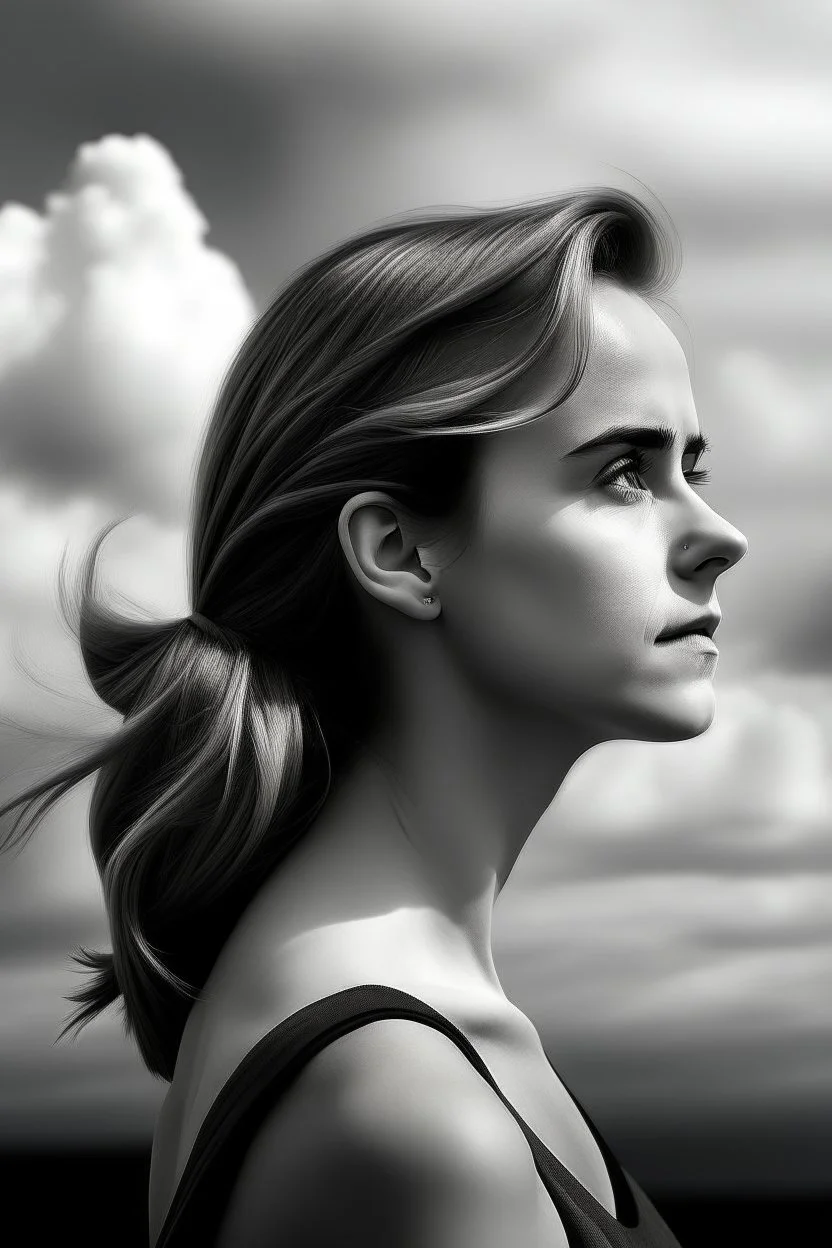 emma watson : The contours of the woman are crafted from dense yet delicate clouds, making her appear goddess-like as she seemingly floats weightlessly in the sky. Boundless Harmony: The amalgamation of clouds forms a feminine figure seamlessly merging with the surroun