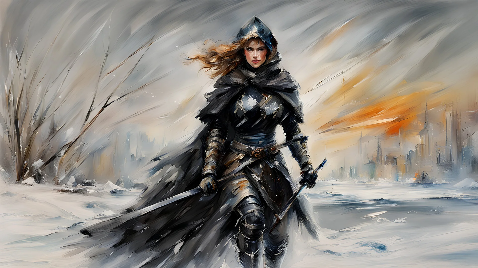 a warrior woman in black armor on the background of a cold snow-covered country, ice and crystal, frost and snow, oil and pastel, by Leonid Afremov & William Kentridge & Anna Razumovskaya