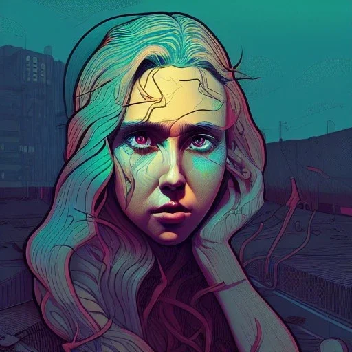 singer Danish MØ face, Camera., concept art, hyper detailed, asaf hanuka, dan mumford, kilian eng, post-apocalyptic, oil on canvas