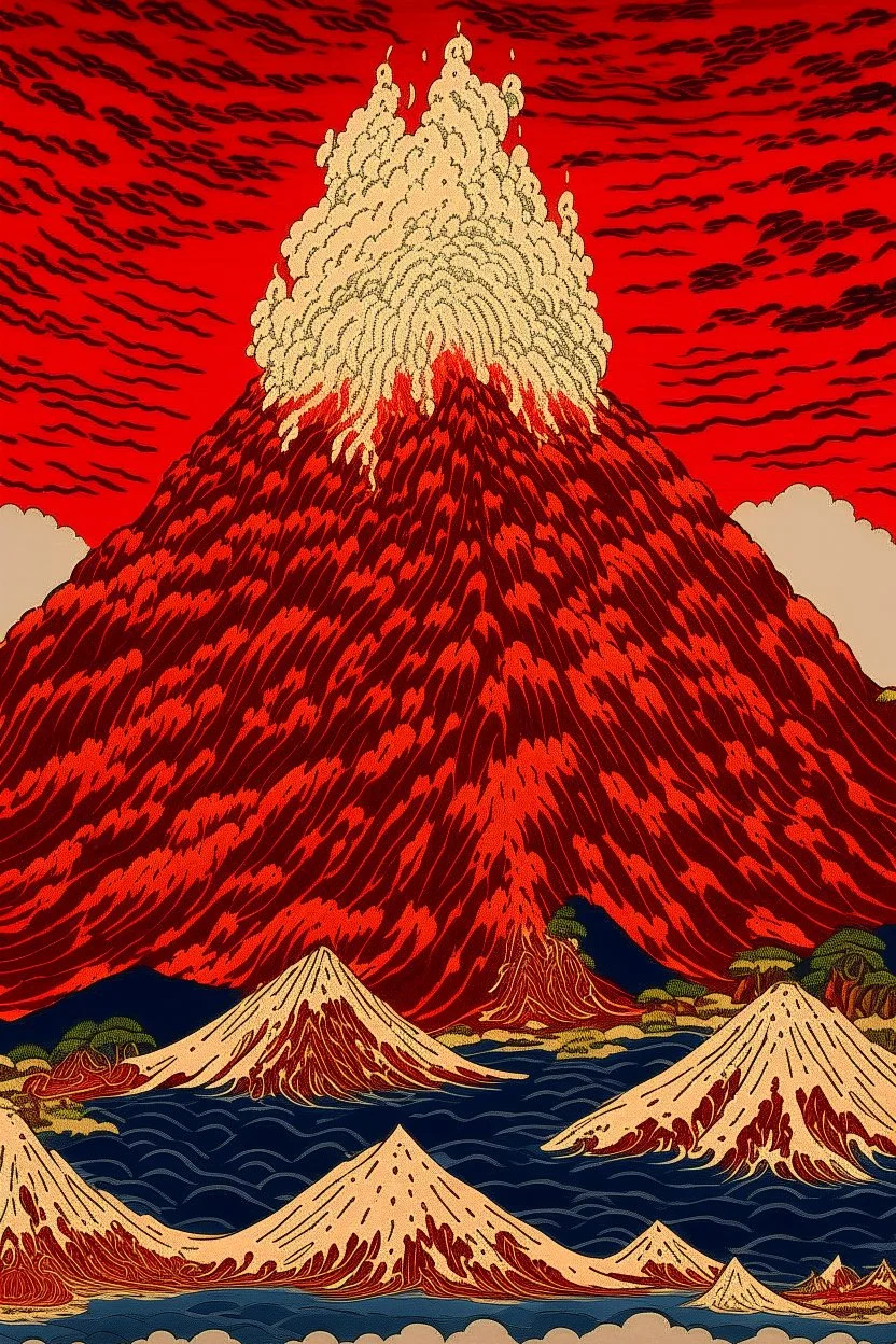 A dark orangish red volcano with spewing fire designed in Mehndi design painted by Katsushika Hokusai