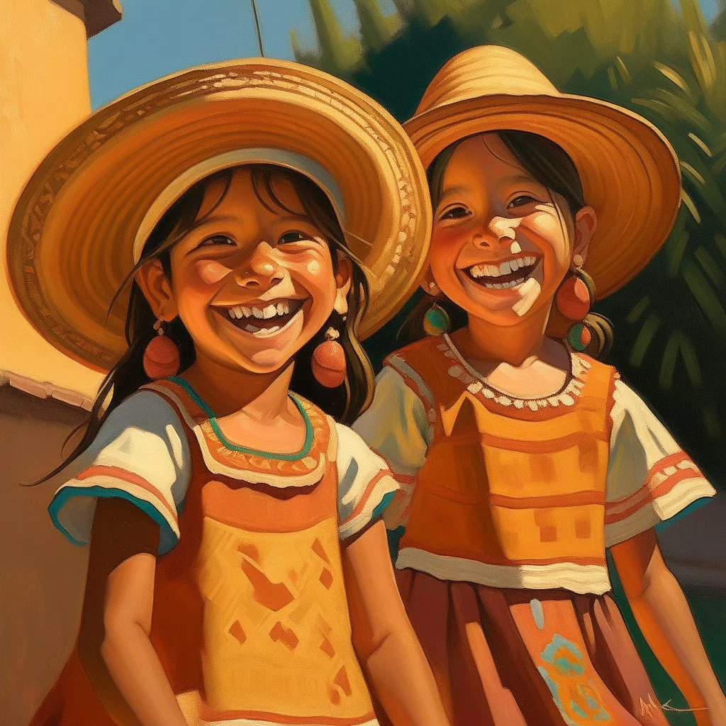 2 mexican childeren smiling painting neoclassism whole body zoom the sun