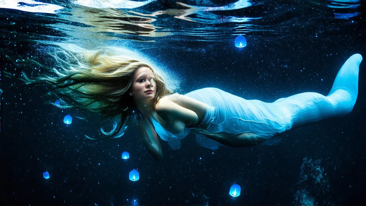 Airbrush, A slender, ethereal woman with cascading blonde hair and piercing sapphire-blue eyes dives into the velvety blackness of the ocean, surrounded by an otherworldly aura of bioluminescence that shimmers like a thousand tiny lanterns. Airbrush, The water around her sparkles with a mesmerizing glow, as if filled with stardust, with delicate, swirling patterns that evoke the shimmering beauty of the night sky. Stars and the moon hang low in the background, casting a silvery glow across the s