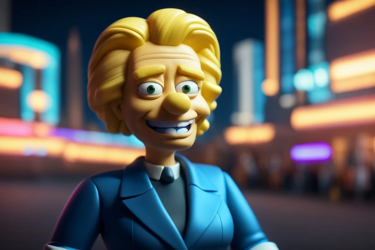 Hillary Clinton a as Apu in homer simpson in the style of tron movies , bokeh like f/0.8, tilt-shift lens 8k, high detail, smooth render, down-light, unreal engine, prize winning