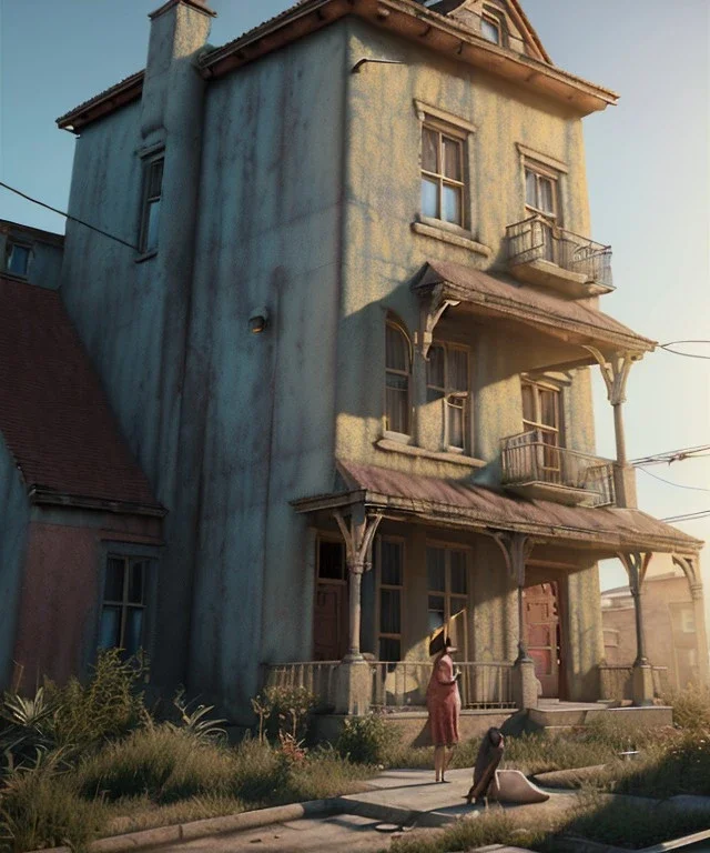 Realistic image, super giant woman inside a house, looks out through the windows. people on the street are watching him, soft color, highly detailed, unreal engine 5, ray tracing, RTX, lumen lighting, ultra detail, volumetric lighting, 3d, finely drawn, high definition, high resolution.