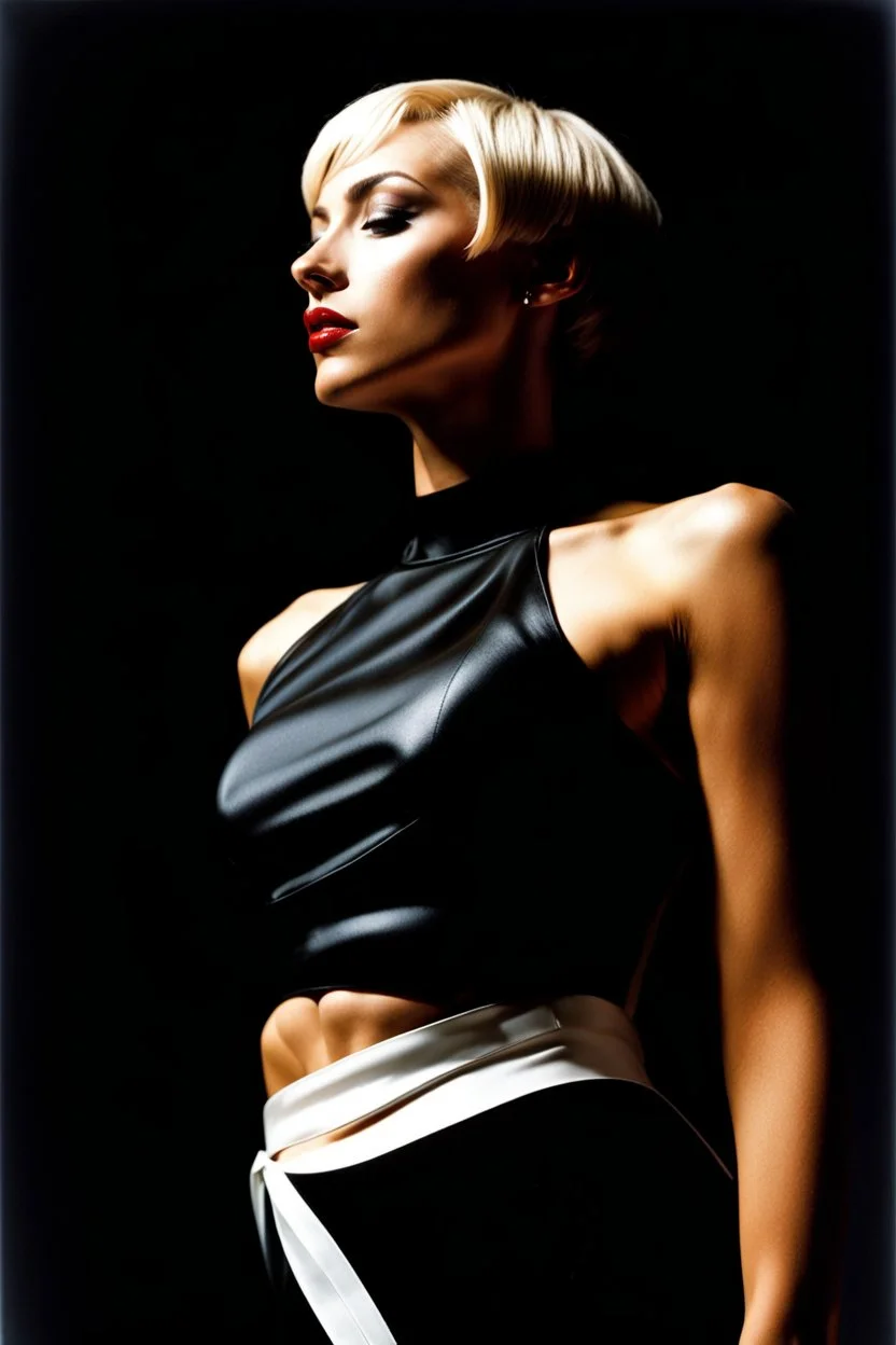 God, short-haired attractive woman, glamour medium format photography, imperfections, weirdness, 18-years old, best boo bs ever, helmut newton's fantasy, female perfection, godess, lustful dream model, eva-costume, black studio background, 1990's, bilitis, tendres cousines, david hamilton, dancer