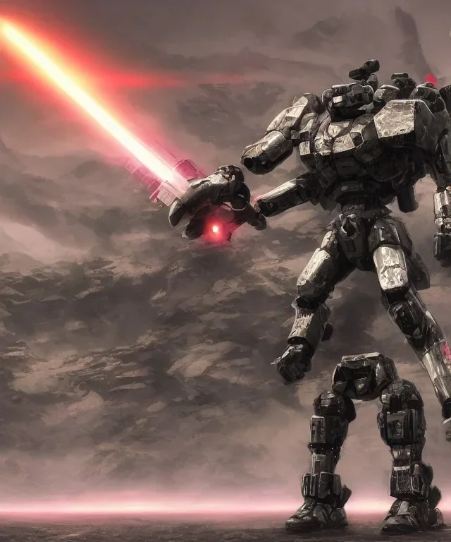 Photorealistic futuristic shiny samurai mechwarrior holding large katana on the surface of an alien planet