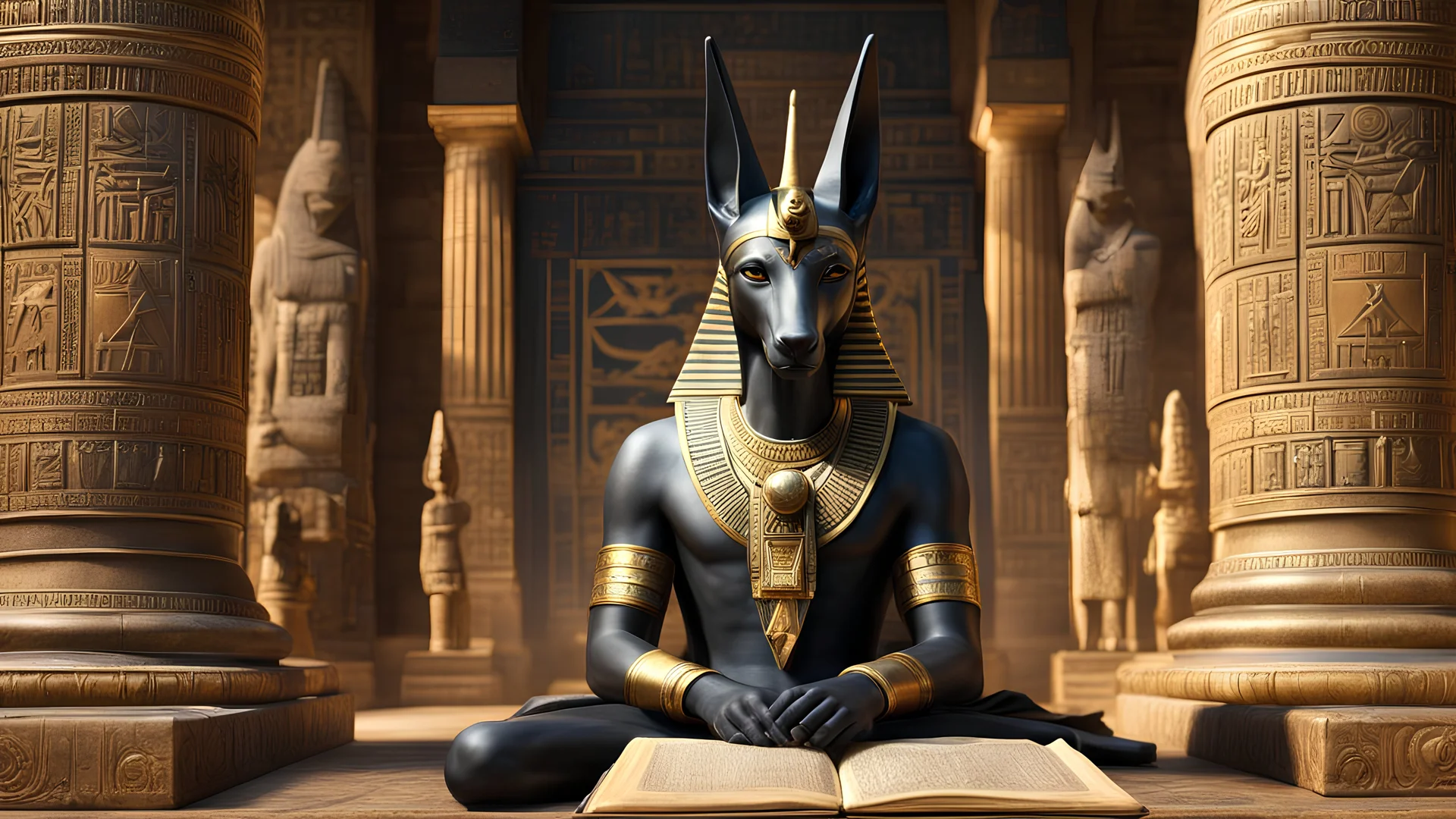 realistic and detailed anubis with ancient egyptian book of the dead, god posture,, realistic style, infinite ultra high definition image quality and rendering, infinite image detail, infinite realistic render, infinite realistic RTX global illumination, infinite special effect, contest pictures