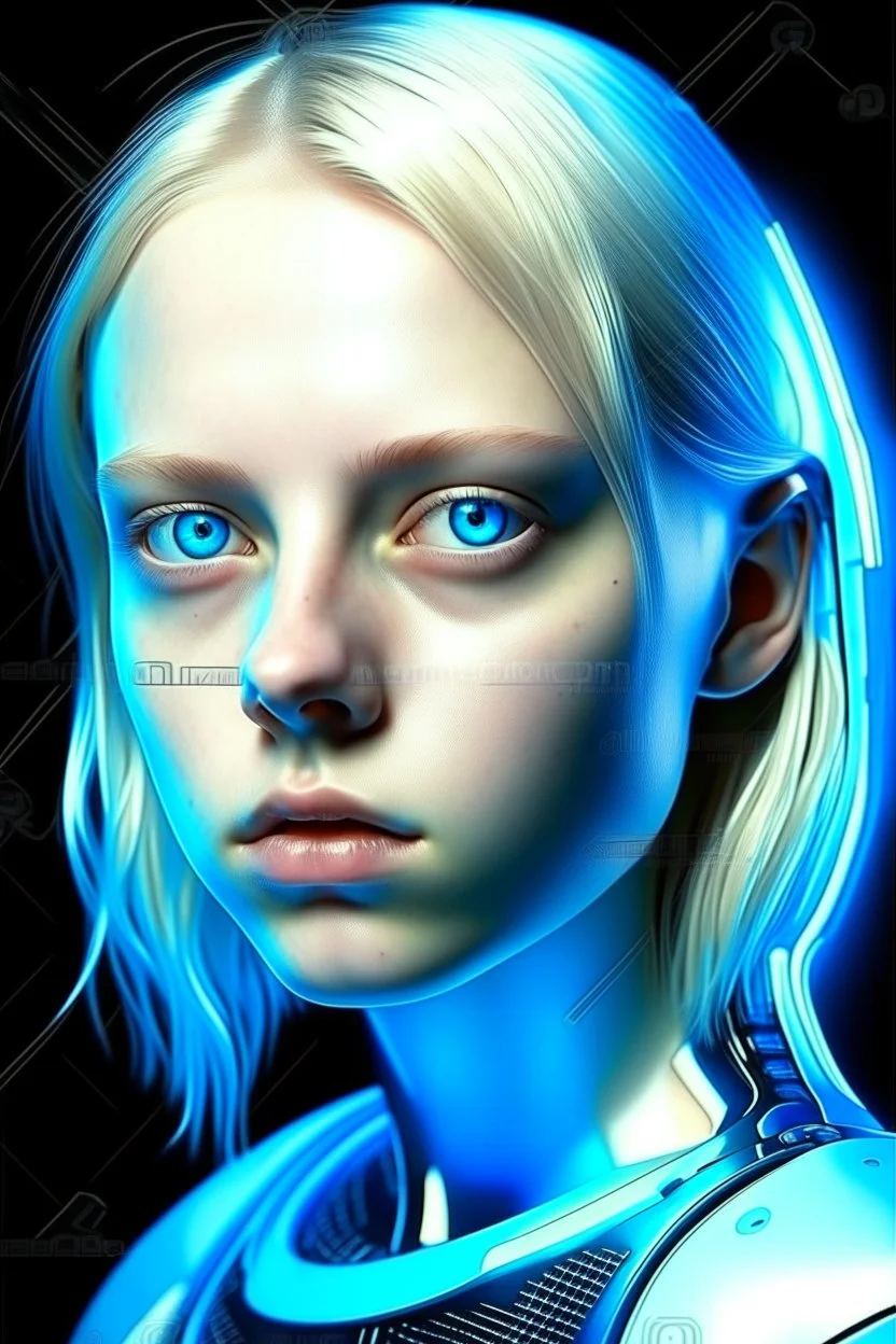 portrait of a 16 year old caucasian woman with shaved blond hair, water-blue eyes, futuristic style