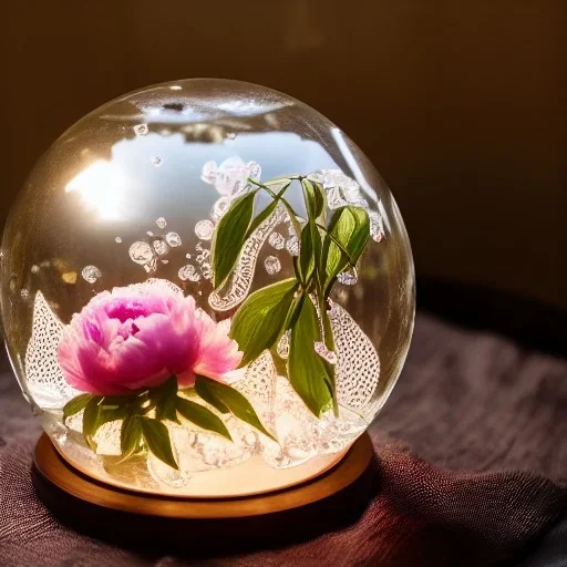 Cinematic shot of peonies inside a crystal lace globe, glass, crystal, linen, dewdrops, warm lighting, luxurious