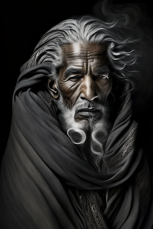 a photo of an Berber man with ethnic jewelry, grey hair and grey flowing robe, in style of Annie Leibovitz, contemporary portrait of a mature yet beautiful and modernist man, black and grey, detailed masculine face, swirling fluid smokey enigma, award-winning artwork